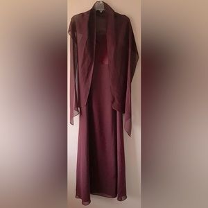 NWT Papell Boutique Evening burgundy Maxi Dress with sheer scarf/belt size 14
